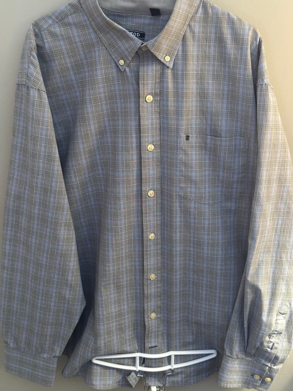 IZOD Button Down Shirt Mens 2XL Blue Gray Plaid Long Sleeve Pocket Cotton Blend